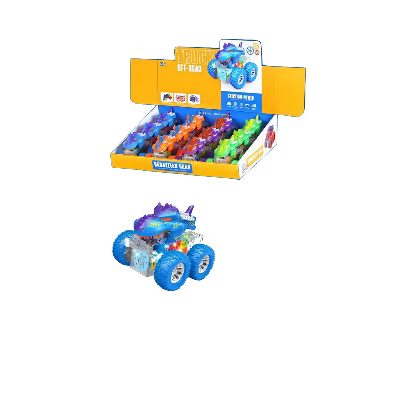 4" Transparent Dino Gear Car – Light-Up Friction Powered (See-Through Moving Gears) MSTRDN