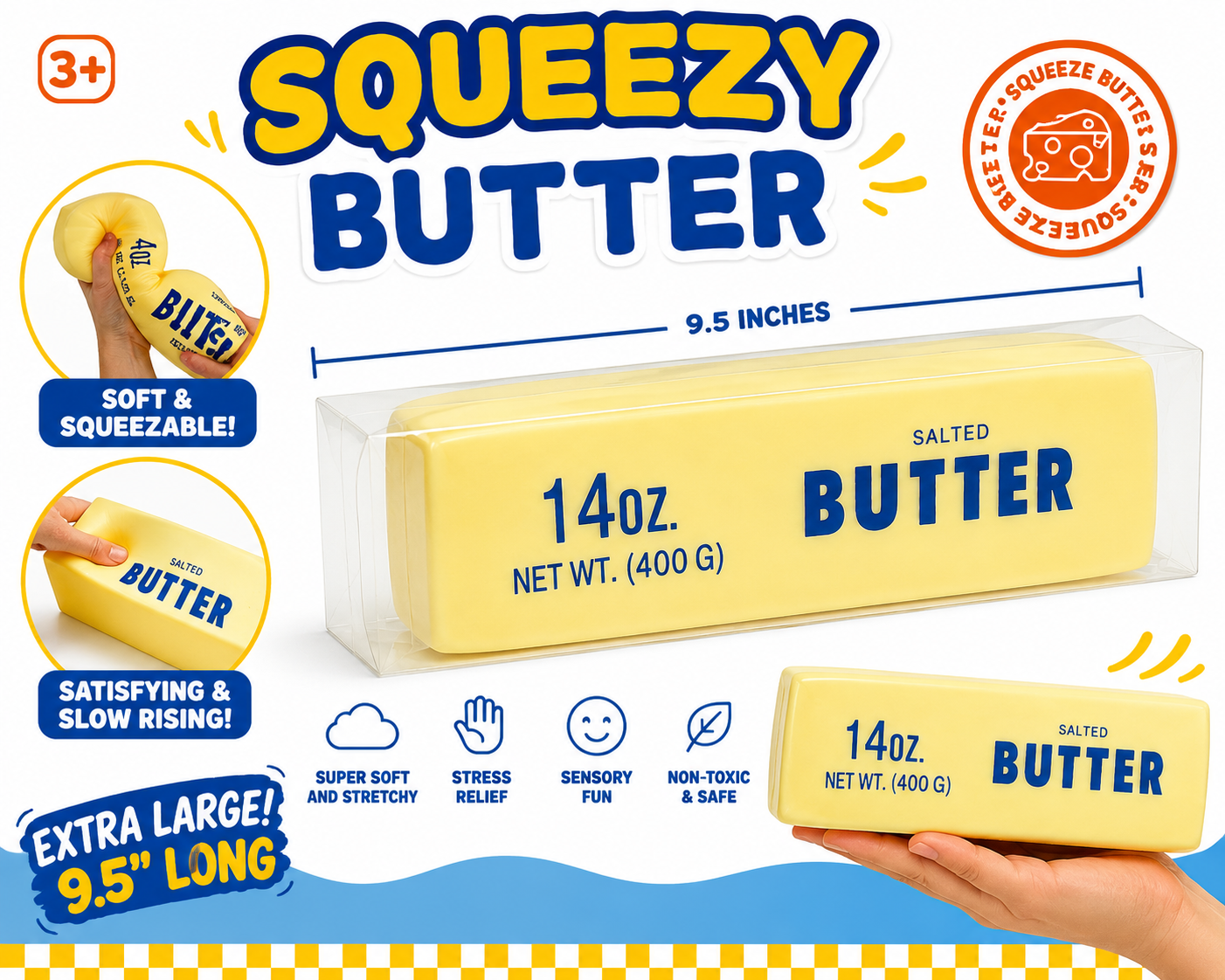 Squeezy Butter Squishy – Extra Large 9.5” Rubber-Filled Sensory Toy MSS16