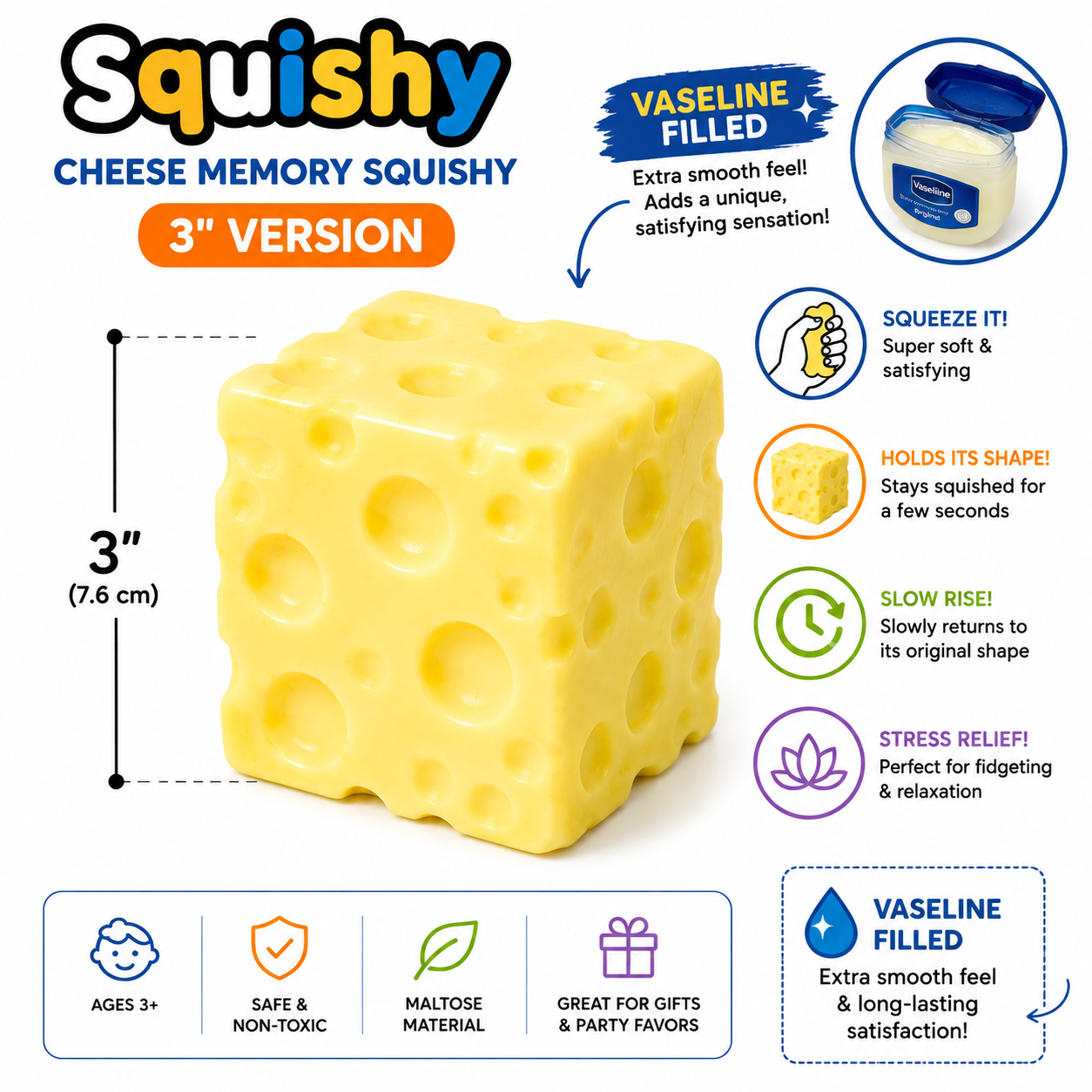 3" Vaseline-Filled Cheese Cube Squishy MSS19