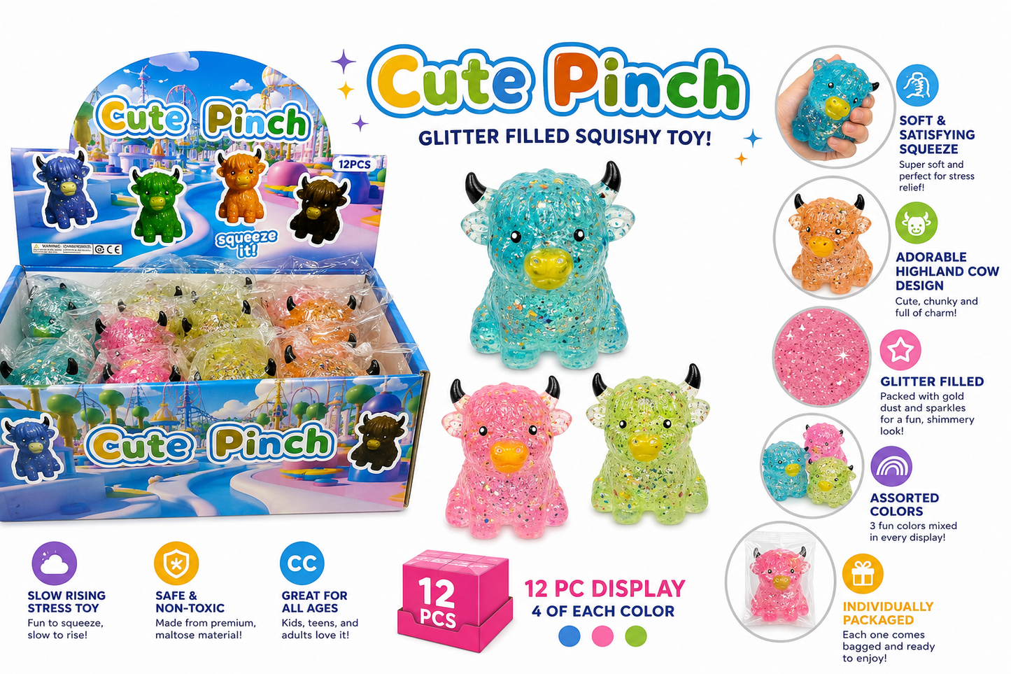 Cute Pinch Glitter Highland Bull Squishy MSS11