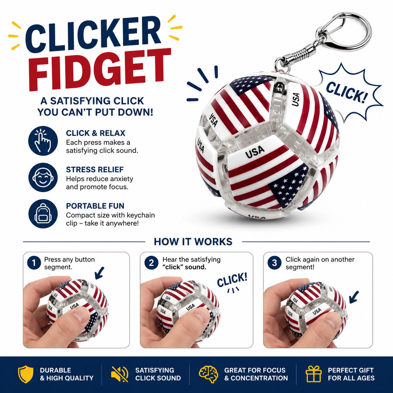 USA Flag Clicker Fidget Ball Keychain MSCSK