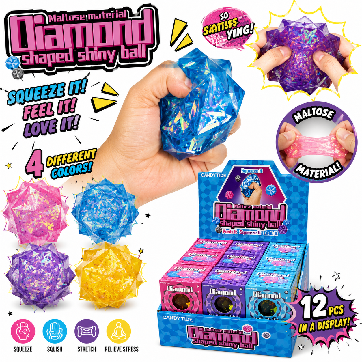 Maltose Diamond Squishy Ball – 12 PC Display MSND24