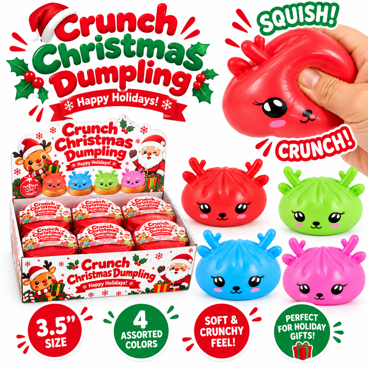 3.5" Crunchy Christmas Dumpling Squishy – Assorted Colors MSS68