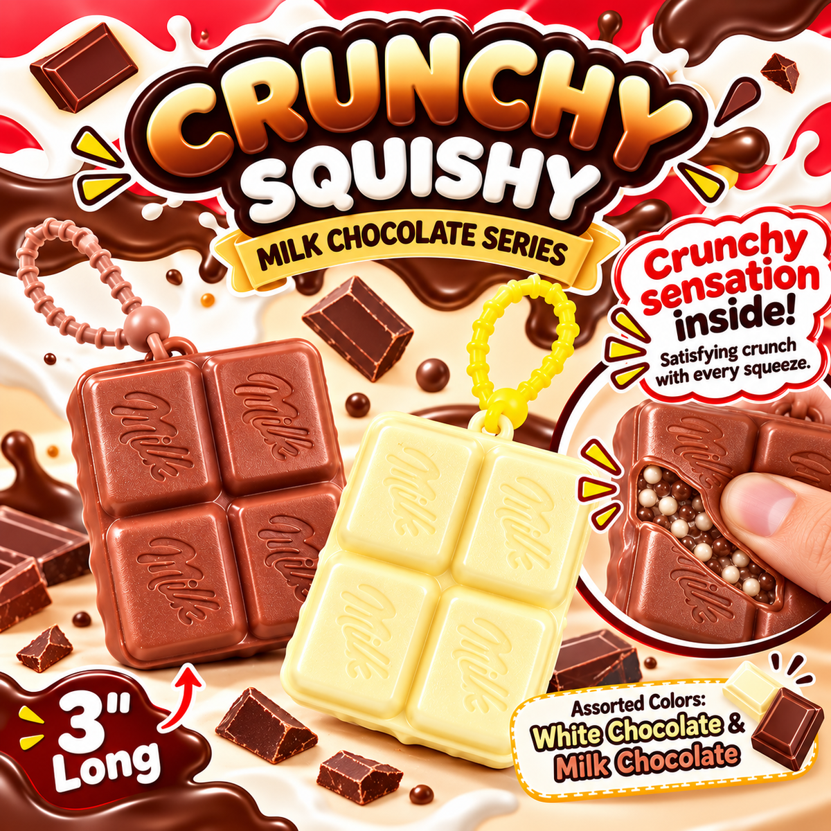 3" Crunchy Chocolate Bar Squishy – Assorted Colors MSS56