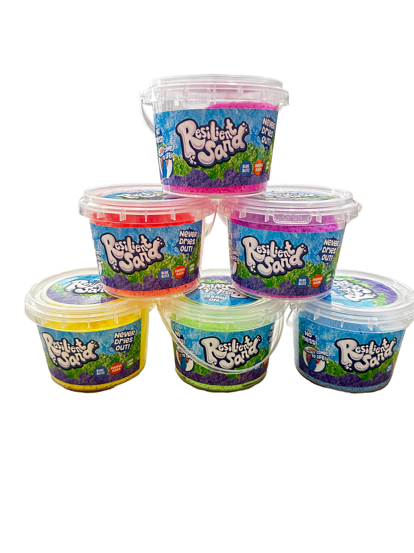 Resilient Sand Moldable Play Sand – Assorted Colors w/ Counter Display (6 Buckets) RS02
