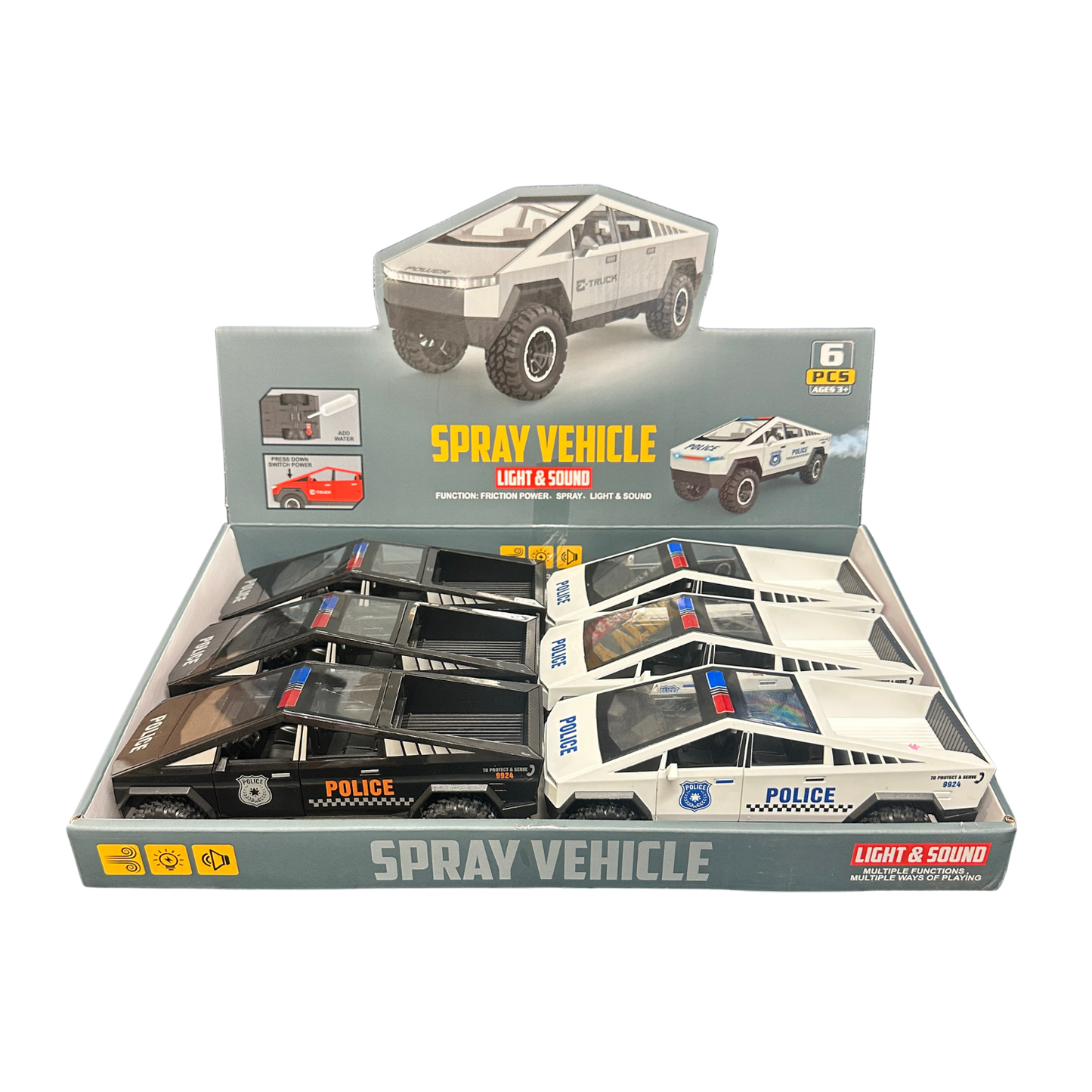 7.5" Friction Cybertruck Police Car with Lights, Sound & Vapor Effect MSCYBP